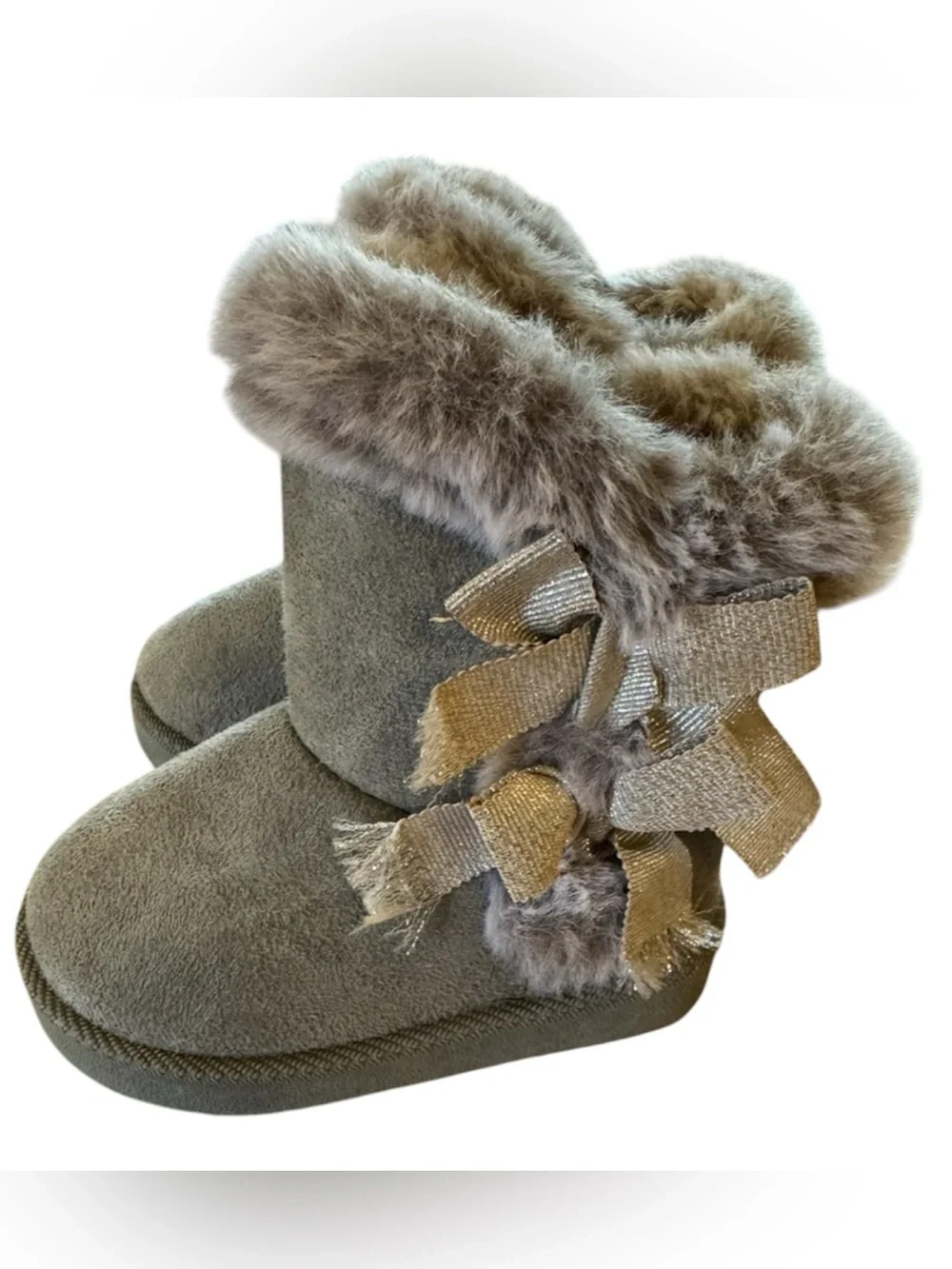 Kids Faux-Fur Trim Suede Booties with Decorative Bows - Gray